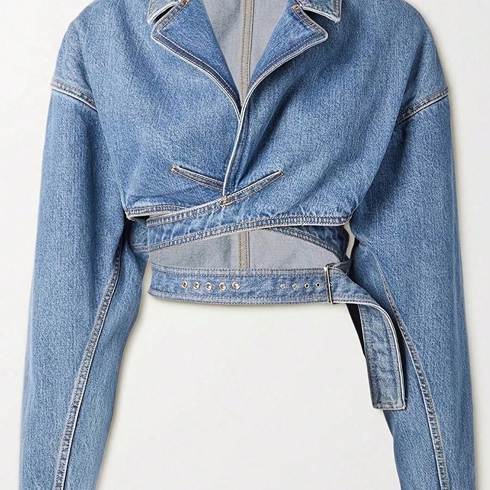 Blue Casual Women's Cropped Cross-Over Placket Denim Jacket - Picture 3 of 3